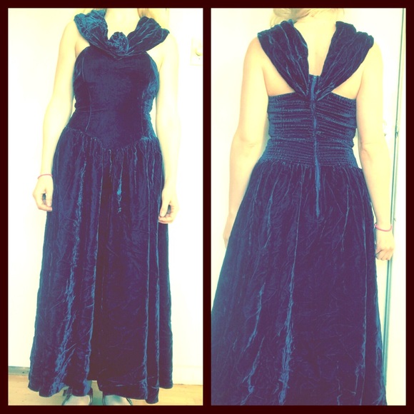 Vintage Crushed Blue Velvet Maxi Dress Gown XS - Picture 7 of 12